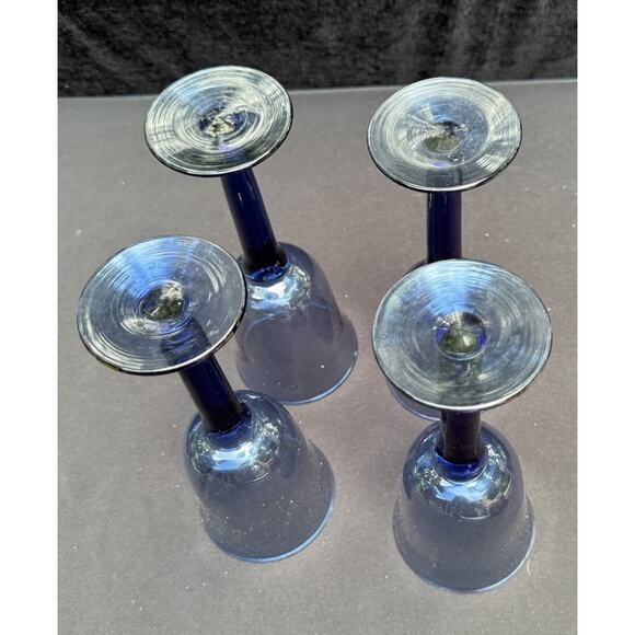 4 Beautiful Handblown Long Stem Wine Goblets Blue Dark Blue Stems 9" Tall - Picture 10 of 10